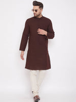 Brown Cotton Men's Wooven Straight Kurta Full Sleeves - Ria Fashions