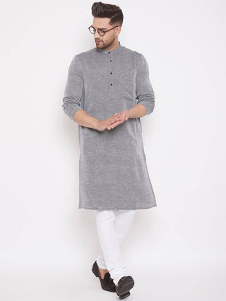 Grey Cotton Men's Woven Design Straight Kurta Full Sleeves - Ria Fashions