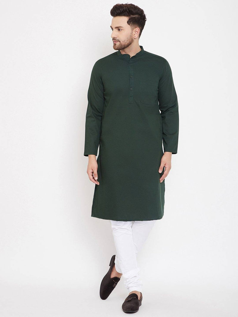 Green Solid Cotton Men's Kurta with White Churidar - Ria Fashions