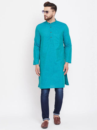 Turquoise Blue Solid Linen Cotton Men's Kurta - Ria Fashions
