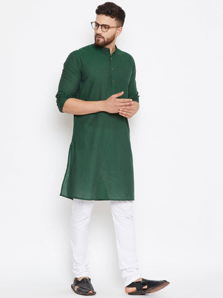 Dark Green Solid Cotton Men's Kurta - Ria Fashions