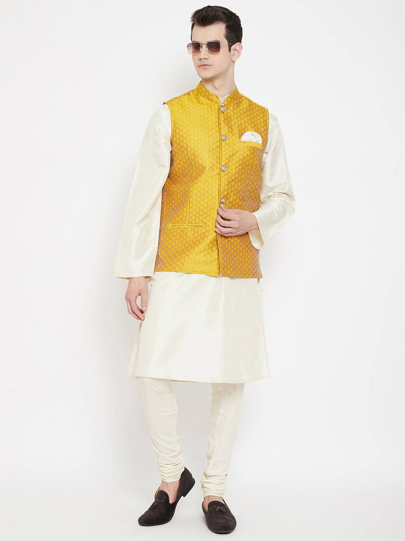 Gold Banarasi Silk Men's Nehru Jacket - Ria Fashions