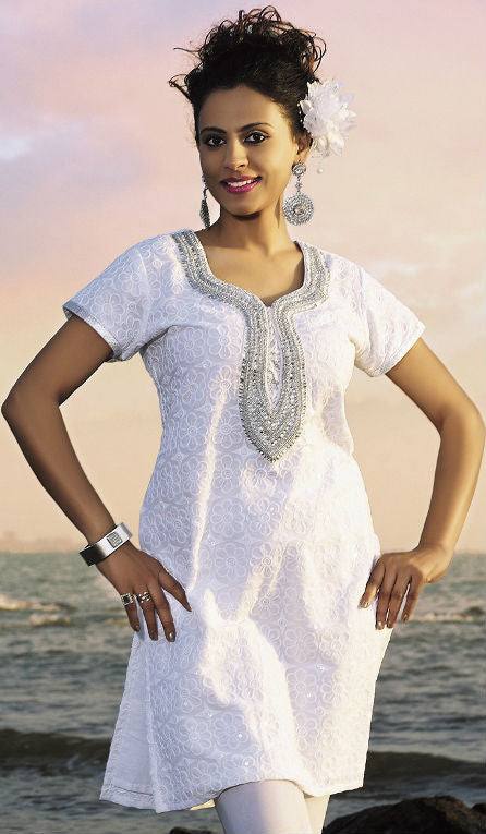 White Cotton Silk Blend Kurti With Yoke Embellishment - Ria Fashions