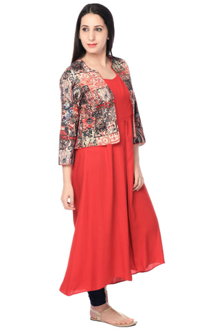 Red Rayon Tunic With Cotton Multicolor Jacket - Ria Fashions