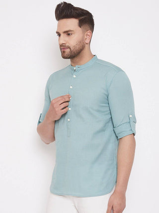 Green-Blue Cotton Men's Woven Design Straight Full Sleeves Kurta - Ria Fashions