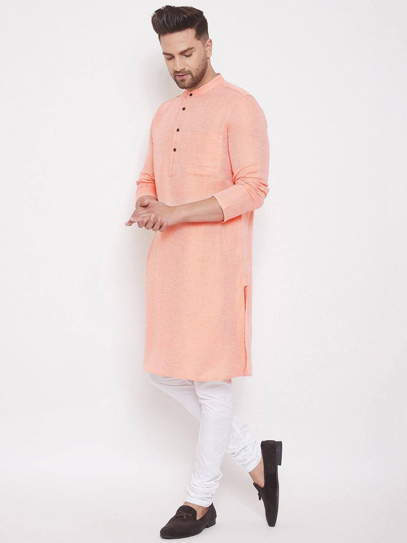 Peach Cotton Men's Woven Design Straight Kurta Full Sleeves - Ria Fashions