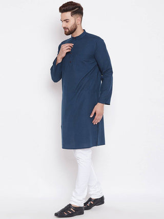Navy Blue Solid Cotton Men's Kurta - Ria Fashions