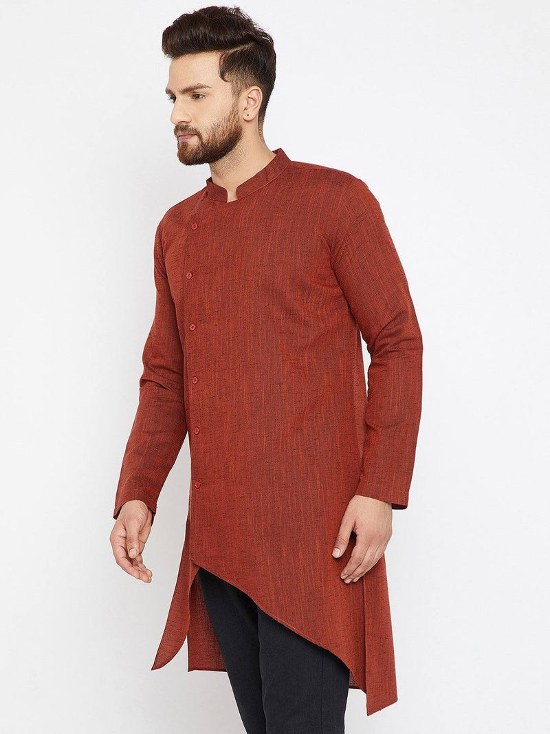 Asymmetrical Red Solid Cotton Men's Kurta - Ria Fashions