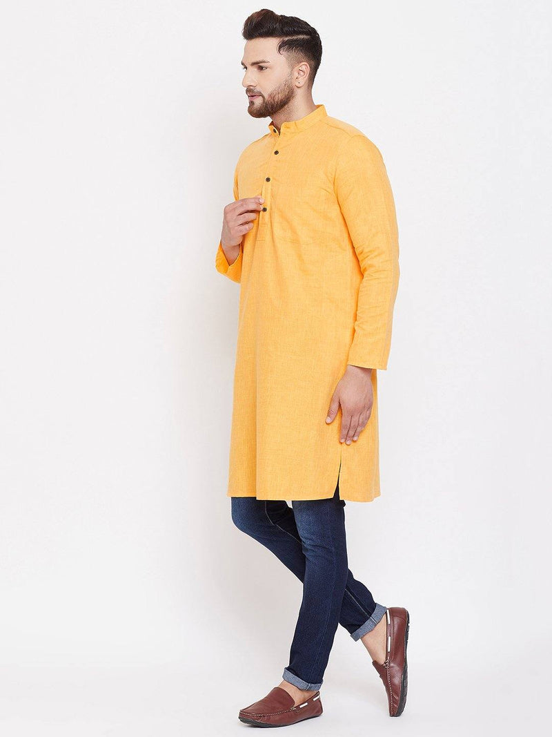 Yellow Solid Linen Cotton Men's Kurta - Ria Fashions