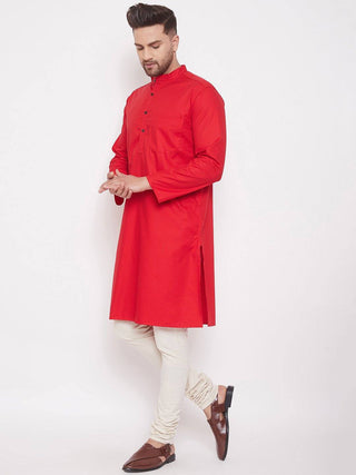 Red Cotton Men's Woven Design Straight Kurta Full Sleeves - Ria Fashions