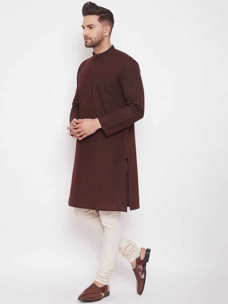 Brown Cotton Men's Wooven Straight Kurta Full Sleeves - Ria Fashions