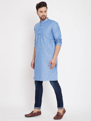 Long Blue Cotton Straight Men's Kurta - Ria Fashions