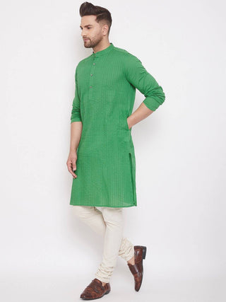 Green Men's Cotton Pintuck Kurta Full Sleeves - Ria Fashions