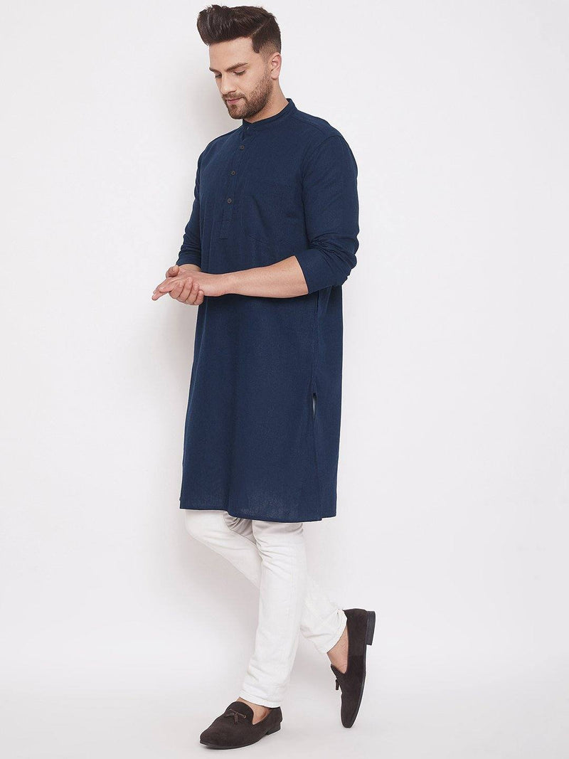 Blue Solid Linen Cotton Men's Kurta with White Churidar - Ria Fashions