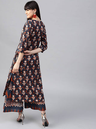 Navy Blue Cotton Printed Palazzo Suit - Ria Fashions