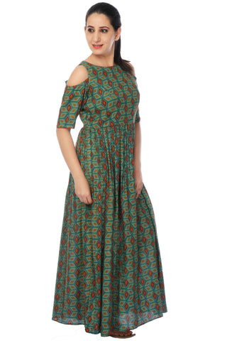 Readymade Green Cold Shoulder Designer Gown - Ria Fashions