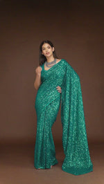 Teal Blue Georgette Sequined Saree