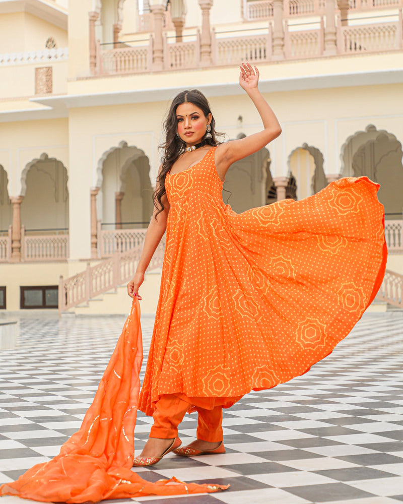 Kurta Pant Set Anarkali Style with Bandhej Modal - Orange - Ria Fashions