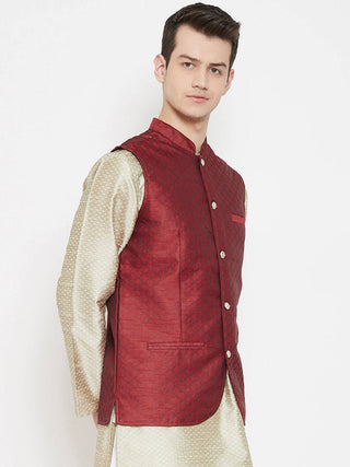 Red Banarasi Silk Men's Nehru Jacket - Ria Fashions