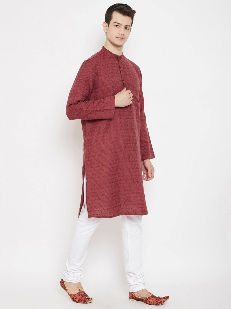 Red Woven Design Viscose Rayon Men's Kurta - Ria Fashions