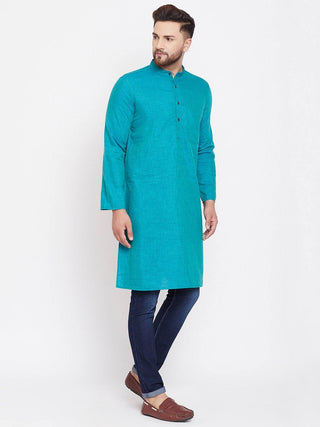 Turquoise Blue Solid Linen Cotton Men's Kurta - Ria Fashions