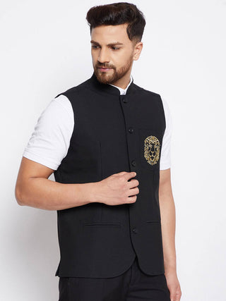 Black Polywool Designer Nehru Jacket - Ria Fashions