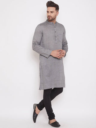 Grey Cotton Men's Woven Design Straight Full Sleeves Kurta - Ria Fashions