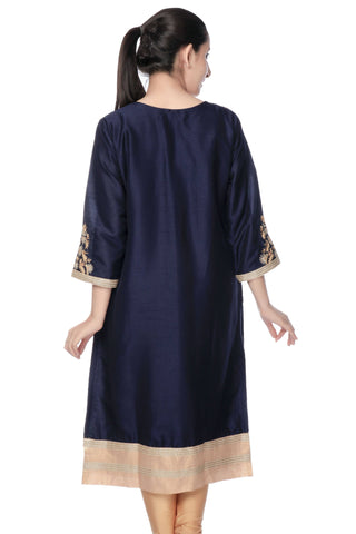 Navy Blue Chanderi Silk  Designer Kurta - Ria Fashions