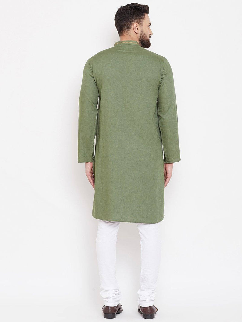 Green Solid Linen Cotton Men's Kurta - Ria Fashions