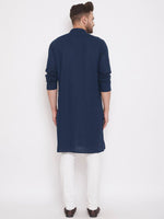 Blue Solid Linen Cotton Men's Kurta with White Churidar - Ria Fashions