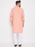 Peach Cotton Men's Woven Design Straight Kurta Full Sleeves - Ria Fashions