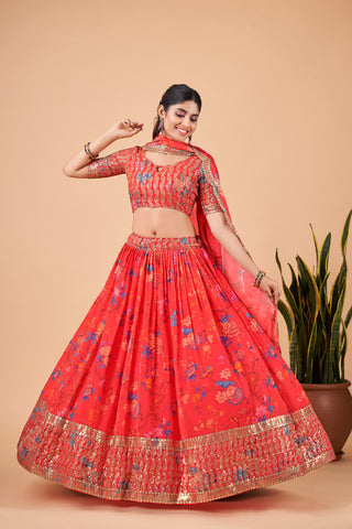 Red Faux Georgette Floral Print Zari & Sequins Embroidered Lehenga Choli Set with Dupatta