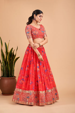 Red Faux Georgette Floral Print Zari & Sequins Embroidered Lehenga Choli Set with Dupatta