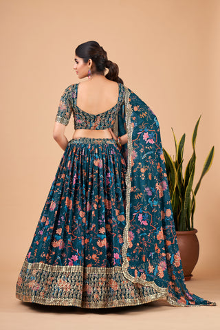 Blue Faux Georgette Floral Print Zari & Sequins Embroidered Lehenga Choli Set with Dupatta