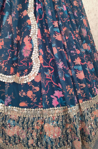 Blue Faux Georgette Floral Print Zari & Sequins Embroidered Lehenga Choli Set with Dupatta