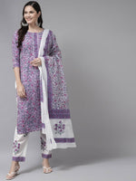 Lavender & White Printed Kurta Set - Ria Fashions