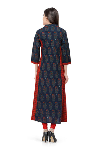 Readymade Sabhyata Blue and Red Cotton Kurti - Ria Fashions