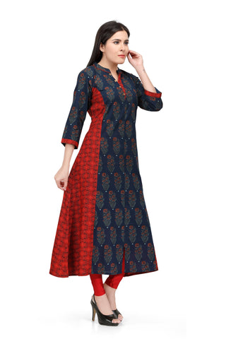 Readymade Sabhyata Blue and Red Cotton Kurti - Ria Fashions