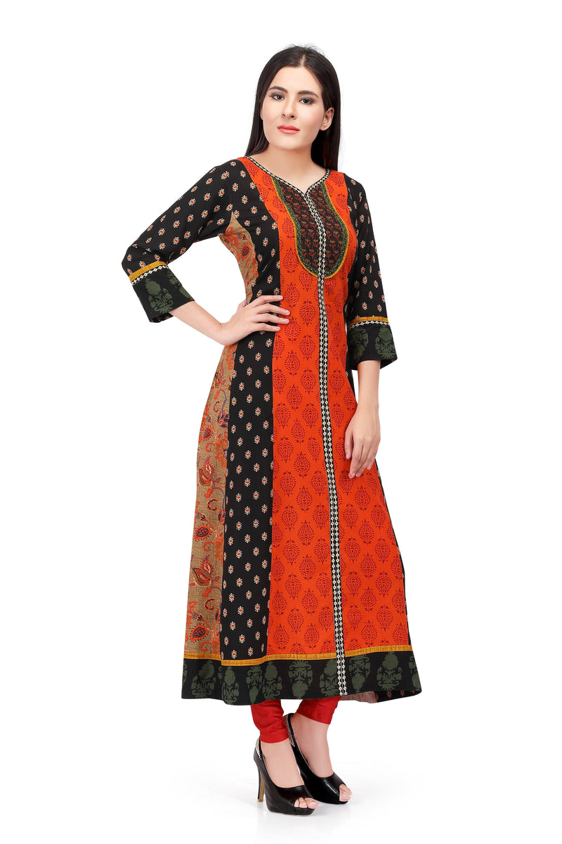 Readymade Sabhyata Black and Orange Cotton Kurti - Ria Fashions