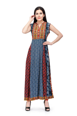 Readymade Sabhyata Blue and Red Soft Rayon Cotton Kurti - Ria Fashions