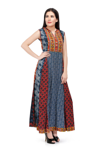 Readymade Sabhyata Blue and Red Soft Rayon Cotton Kurti - Ria Fashions