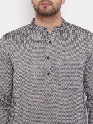 Grey Cotton Men's Woven Design Straight Full Sleeves Kurta - Ria Fashions
