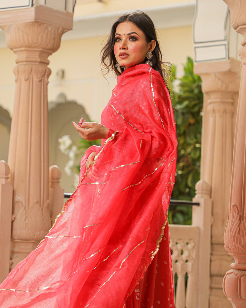 Kurta Pant Set Anarkali Style with Bandhej Modal - Coral - Ria Fashions