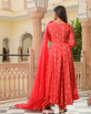 Kurta Pant Set Anarkali Style with Bandhej Modal - Coral - Ria Fashions
