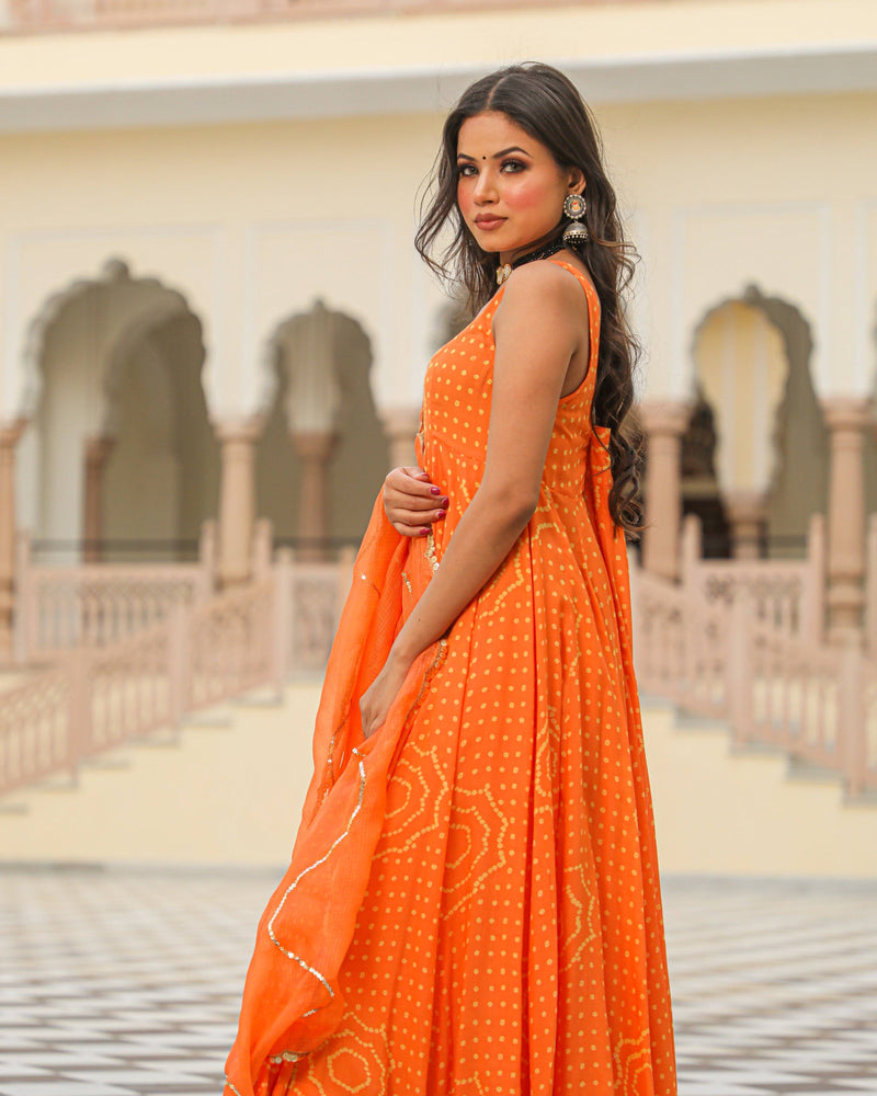 Kurta Pant Set Anarkali Style with Bandhej Modal - Orange - Ria Fashions