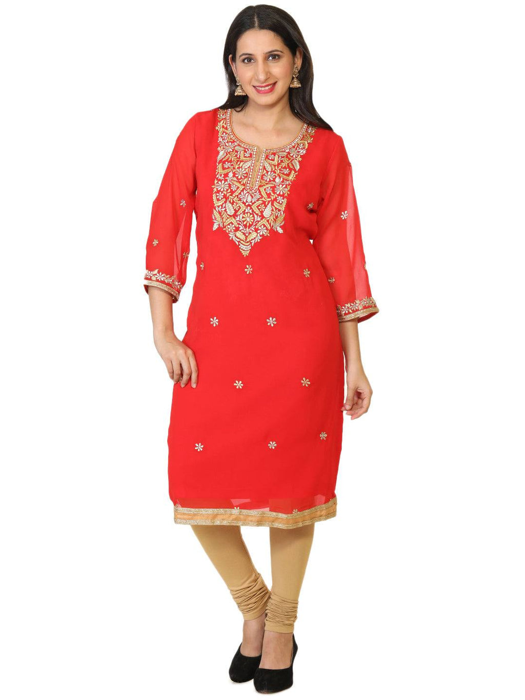 Red Colored Party Wear Georgette Tunic with Rich Yoke - Ria Fashions