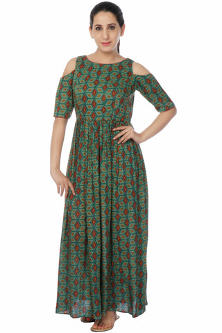 Readymade Green Cold Shoulder Designer Gown - Ria Fashions