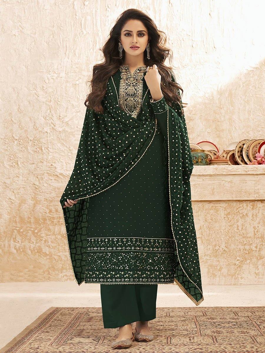 Deep Green Emboidered Georgette Pant Style Suit - Ria Fashions