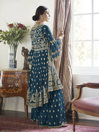 Deep Blue Embroidered Butterfly Net Anarkali Suit - Ria Fashions