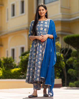 Bagru Print Blue Colored Dress Set - Ria Fashions